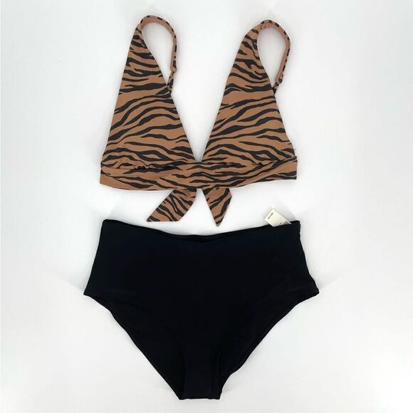 Aerie Pique Animal Print Triangle Top High Rise Full Coverage Large Tan Black - Picture 1 of 8